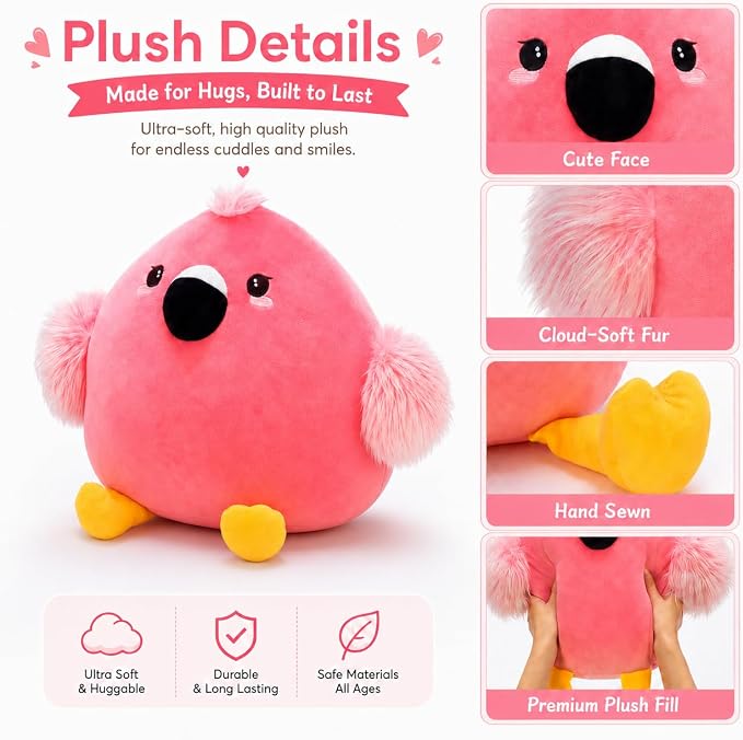 Tezituor Pink Flamingo Stuffed Animal with Heart Feet,Soft Flamingo Plush Toy Pillow with Zipper,17.7 Inch Cute Plushie Gift for Girls Kids Girlfriend,Valentines Day Mothers Day Birthday Christmas