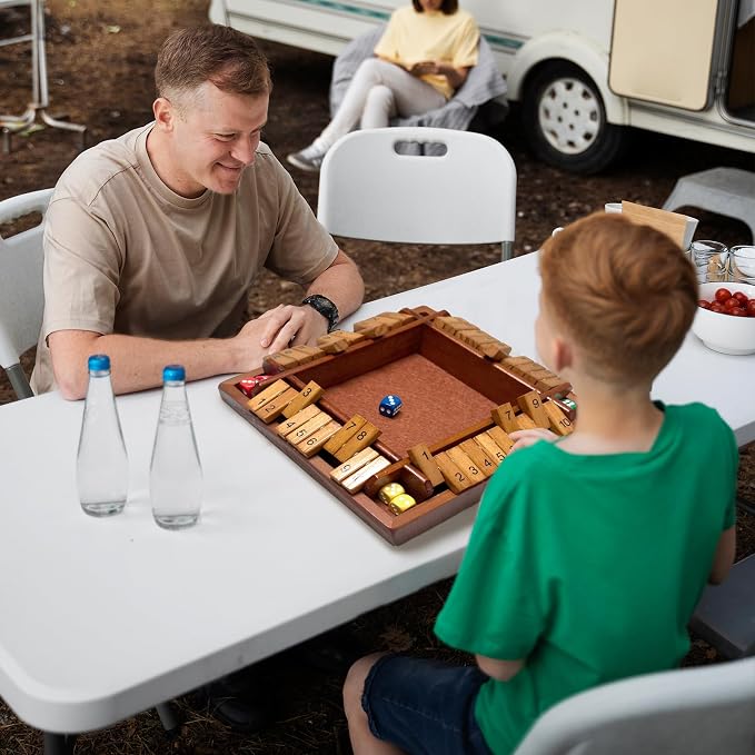 Shut the Box Wooden Board Game ā 4 Player 1-10 Numbers Dark Wood Math Game with 8 Dice, Classic Strategy Game for Adults & Kids, Educational Family for Learning Addition, Classroom or Party Toy