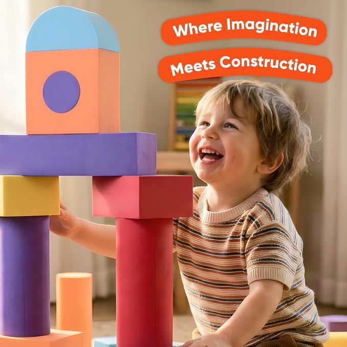 Set of 34 Large Foam Blocks for Toddlers - Stacking Soft Blocks for Kids with Shapes & Colors Learning - Construction Building Preschool Toys - Soft Toy for Daycare Toddlers 3-5 & Above