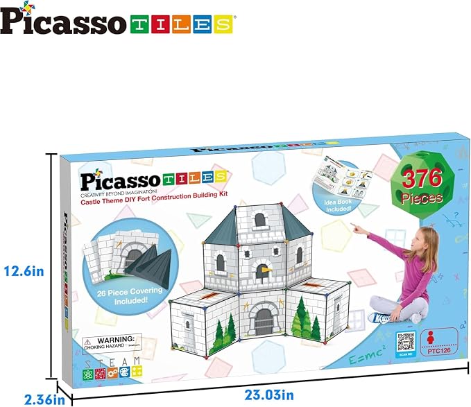 PicassoTiles Fort Building Kit 376 Pieces Kids STEM Educational Learning Construction Play Toy Indoor and Outdoor DIY Build Forts Castles Tents Playhouse with Cloth Cover Print Boy Girl Ages 5+ PTC126