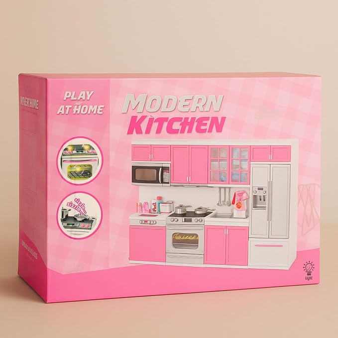 Doll Kitchen Playset for Kids, My Modern Mini Kitchen House Furniture Pretend Play Toy Accessories Set with Realistic Lights & Sounds for Toddlers, Girls (4-in-1)