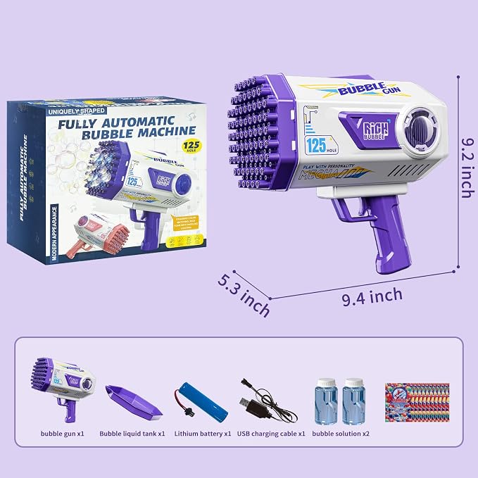 Deserthome Bubble Gun, 125 Holes Bubble Machine Gun, Bubble Blaster Gun for Kids, Rechargeable Bubble Gun with Bubble Solution, Easter Toy Party Favors Bubble Maker for Wedding Birthday (Purple)