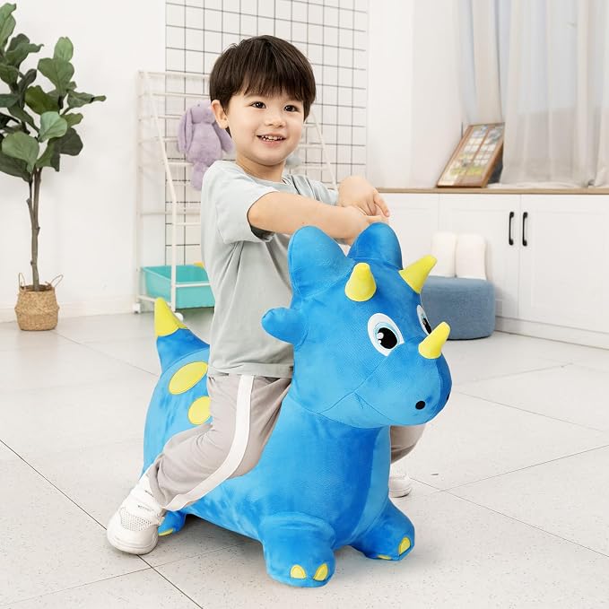 INPANY Bouncy Horse, Dinosaur Hopper Toys, Toddler Plush Bouncing Animal, Dinosaur Birthday Party Decoration, Kid Inflatable Ride on Rubber Bouncer, Outdoor for 2 3 4 Yr Boy Girl Blue