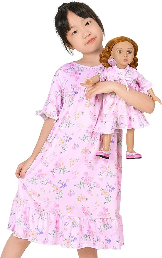MHJY Matching Girls & Doll Nightgowns Vintage Short Sleeve Sleepwear Pajamas Dress for Girls and 18" Girl Doll