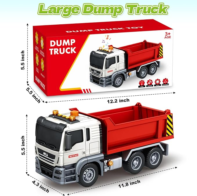 Bstoyder Kids Toys for 3 4 5 6 7 8 Years Old Boys, Large Dump Truck Toy with Lights, Sounds, Red Toddler Friction Powered Truck Vehicle Toy for Boys Girls Birthday Gifts