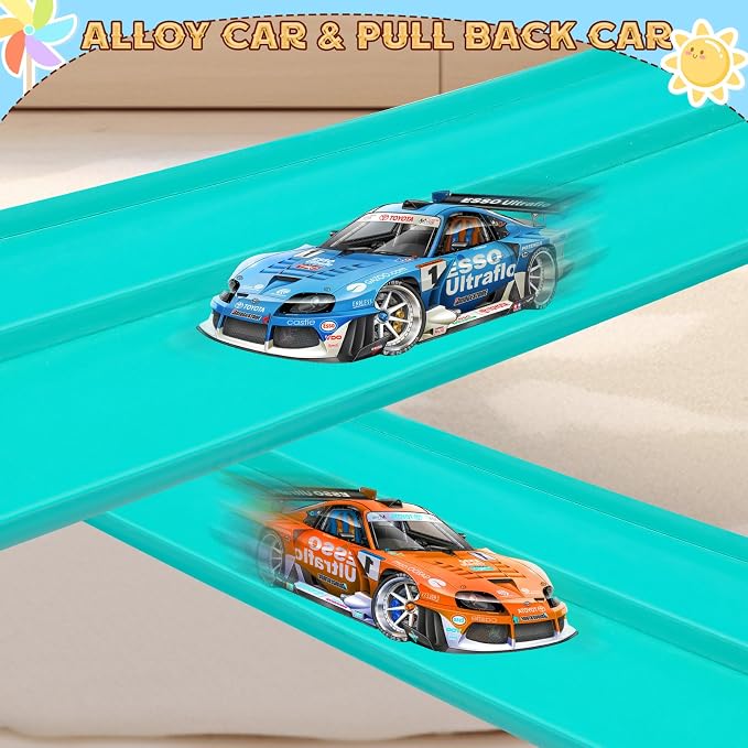 Flex Track 15 Ft Starter Set, Flexible Race Car Ramp Track for Ages 3 & Up with Suction Cups Compatible with Diecast 1/64th Cars