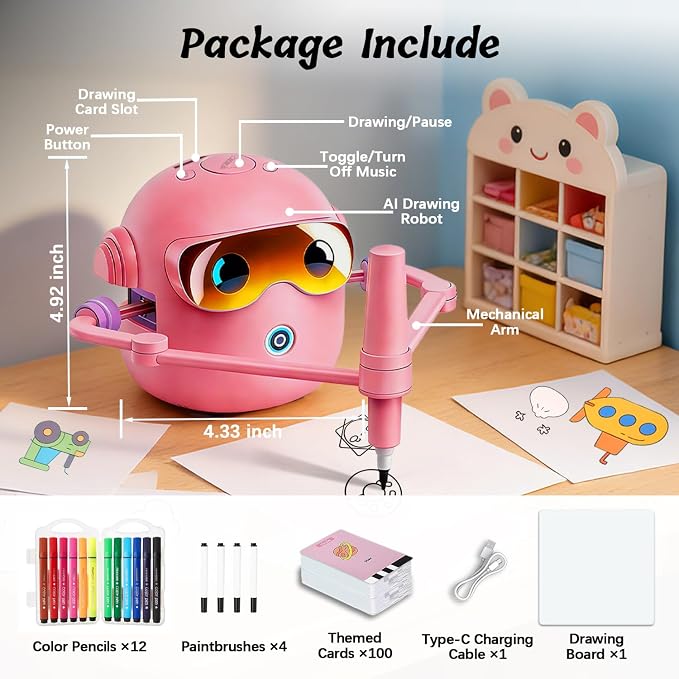 Drawing Robot for Kids with 100 Cards, 12 Colorful Pens & 4 Paintbrushes Montessori Painting Toys for 3-12 Years Old, Voice Read Early Learning Educational Gift for Boys & Girls