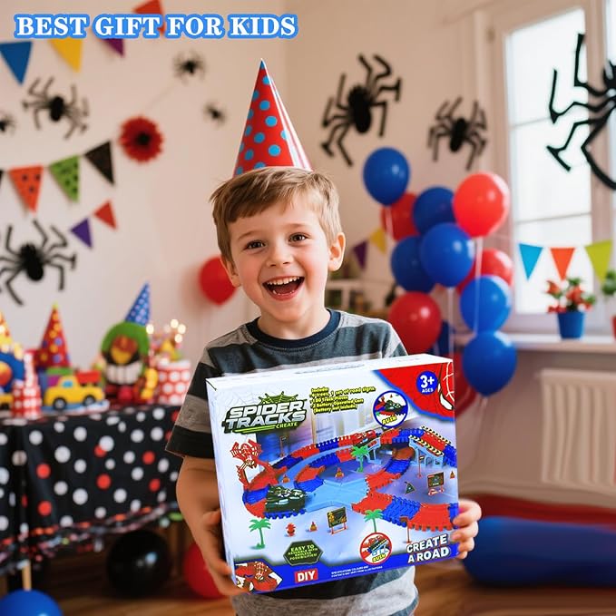 Spider Toys for Kids, 221 PCS Boys Spider Race Track with 6 Alloy Cars Toys, DIY Monster Truck Flexible Tracks for 3 4 5 6 Year Old Toddler Birthday Party Favor Gift