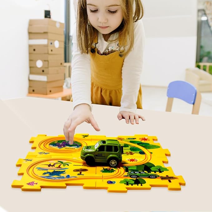 4 Year Old Boy Birthday Gift, Puzzle Racer Kids Car Track Set Puzzle Racer Car Track Set with Roadmap Puzzle Track Car Play Set Toys for 4 Year Old Boys (E-Dinosaur, Set3-5Pcs)