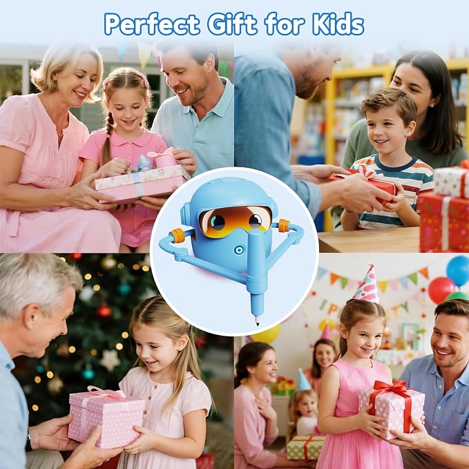 Peledic Drawing Robot Toy for Kids with 100 Word Cards & 12 Color Pens, Voice Interactive Educational Drawing Machine, Montessori Painting Toys for 3 4 5 6 7 8 Year Old Boys Girls Easter Gifts (Blue)