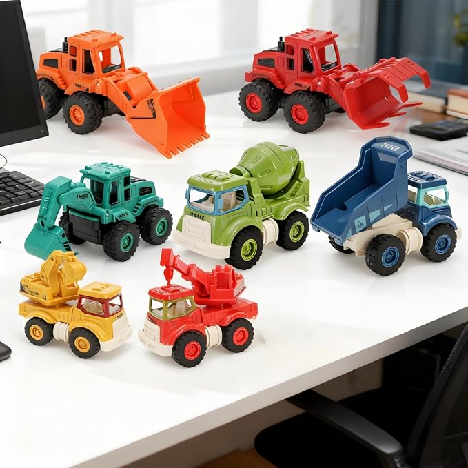 8 Pieces Construction Car Decor, Construction Vehicles, Truck, Excavator, Bulldozer, Mixer, Crane for Sandbox