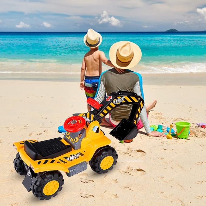 HONEY JOY Ride on Excavator, No Power Ride on Construction Vehicles for Kids, Helmet, 3 Toy Rocks, Adjustable Digger, Horn, Ride On Loader, Bulldozer Ride on Toy, Gift for Boys Girls