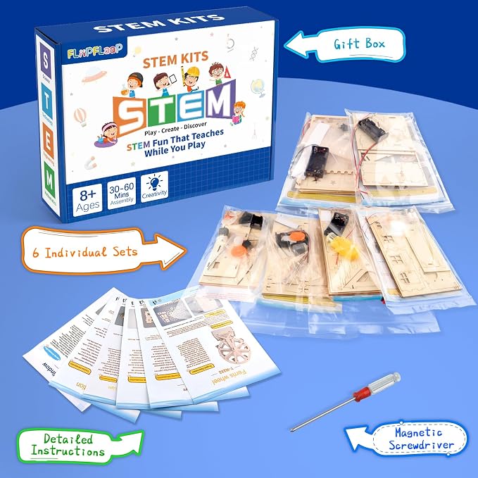 6-in-1 STEM Science Kits for Kids, Wood Arts and Craft Kits, STEM Toys for Boys Girls Age 8-12 5-7 8 10 12 13 14 Gift Idea, 3D Puzzles Building Engineering Model Set