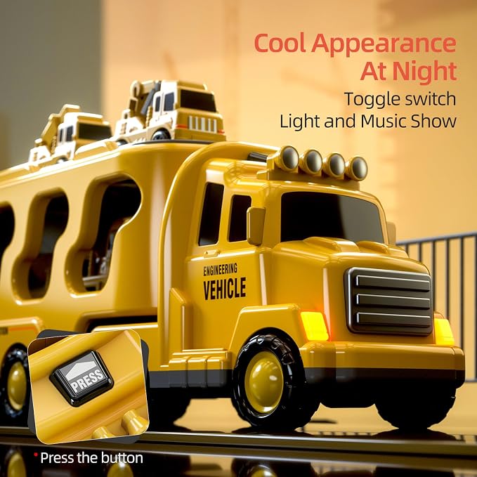 Beby Buty 5 in 1 Construction Trucks Cars Toys for Toddlers 3-5, Boy Toddler Car Truck Toys with Light Sound, Includes Crane, Mixer, Bulldozer & Excavator, Birthday Gifts Toys for 2 3 4 5 Year Boys