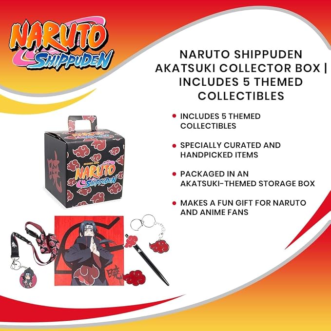 Just Funky Naruto Shippuden Akatsuki Collector Box, Itachi Uchiha Accessories & 5 Themed Collectibles, Fun Anime Collector