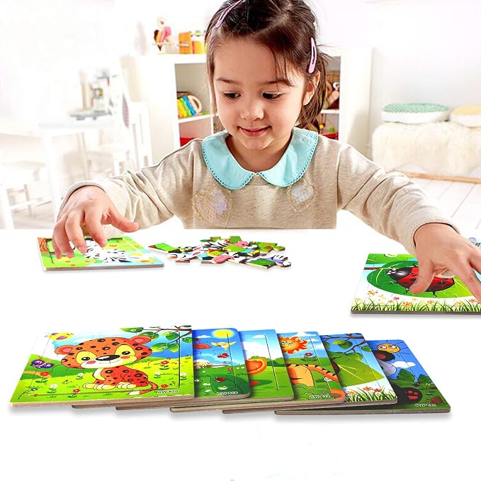 SANNIX 12 Pack Jigsaw Puzzles for Toddlers Wooden Animals Jigsaw Puzzles 9 pcs with 12 Organize Bags for Kids Ages 3 Preschool Educational Puzzles Learning Travel Toys for Boys and Girls