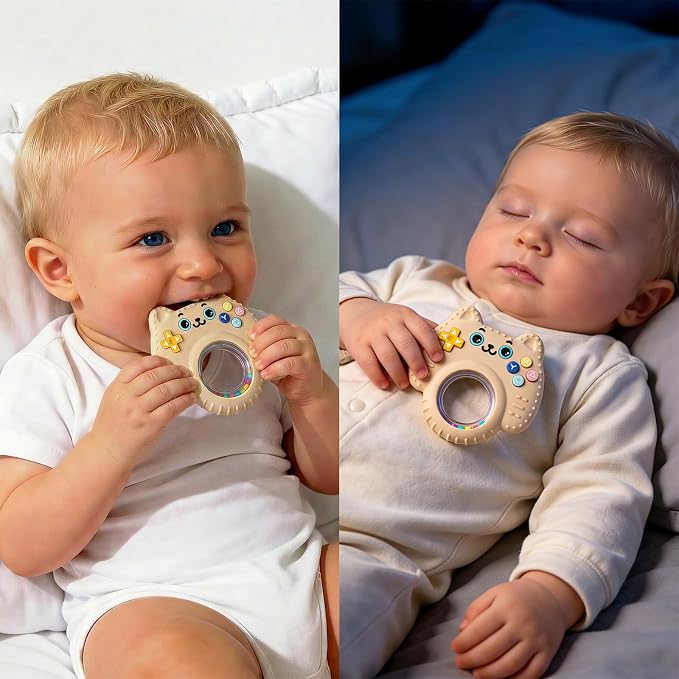 Baby Teether Toy Silicone Cat Teething Ring -Game Controller, Baby Rattle Toy Chew Sensory Toys for Babies Over 3 Months, Teething Relief for Newborn Infant Essentials 0-6 6-12 Months, BPA Free -Beige