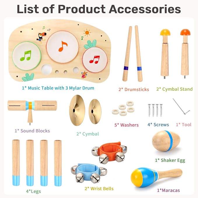 WINGYZ 11-in-1 Toddler Drum Set-Low Noise Wooden Baby Musical Instruments for Toddlers 1-3 & Montessori Musical Toys,Music Table with Bongo Drums, Cymbals, Maracas & Wrist Bells for Early Rhythm Play