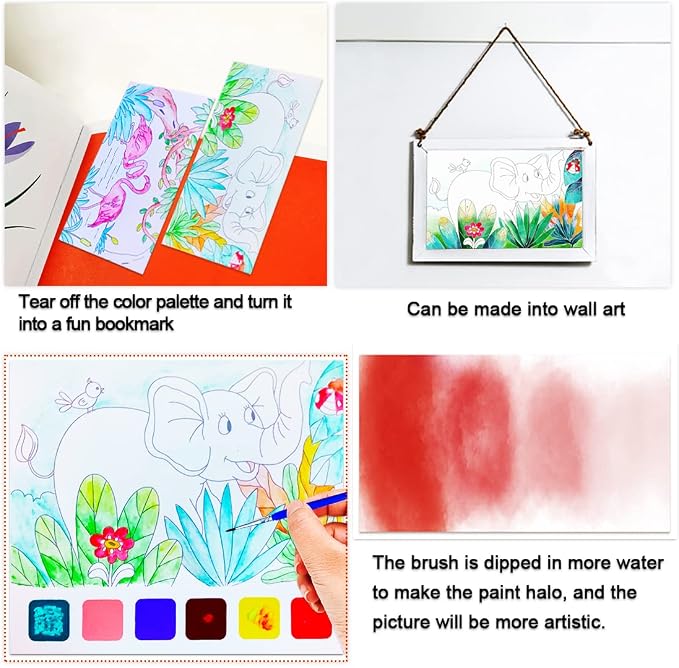 JUNQIU Watercolor Coloring Books for Kids Ages 4-8, Pocket Watercolor Painting Book for Toddlers, Arts and Crafts for Girls Gifts, Stocking Stuffers For Kids