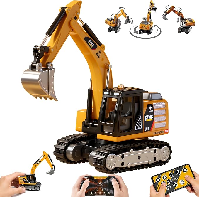 GRANTLEY 1/64 Remote Control RC Excavator Toy,Metal Rechargeable Mini Excavator Toy,RC Construction Vehicles with Lights & Sounds,STEM Birthday Gift for Boys and Girls Ages 4-12