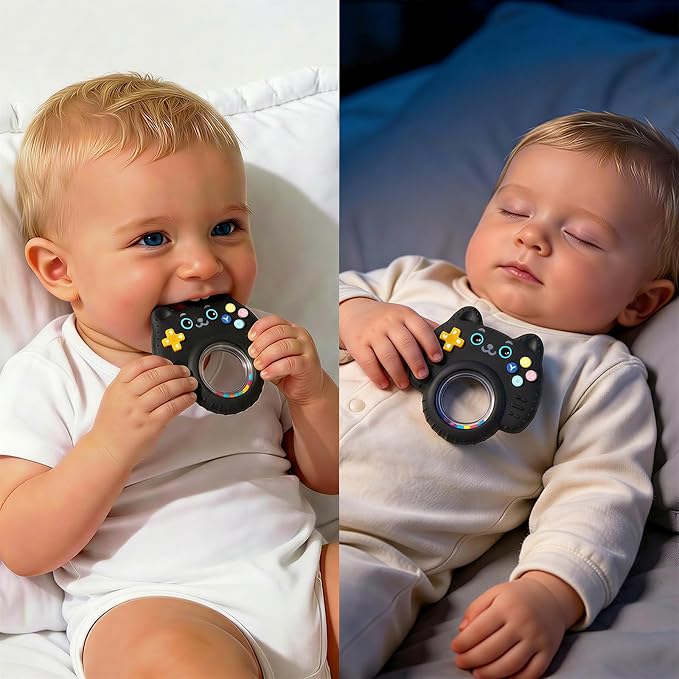 Baby Teether Toy Silicone Cat Teething Ring -Game Controller, Baby Rattle Toy Chew Sensory Toys for Babies Over 3 Months, Teething Relief for Newborn Infant Essentials 0-6 6-12 Months, BPA Free -Black