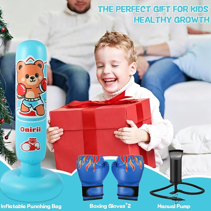 Onirii Kids Inflatable Punching Bag | Large Stable Kids Inflatable Boxing Bag Toy Set with Gloves for Boys & Girls Age 3-12 for Taekwondo,MMA and Practicing Karate