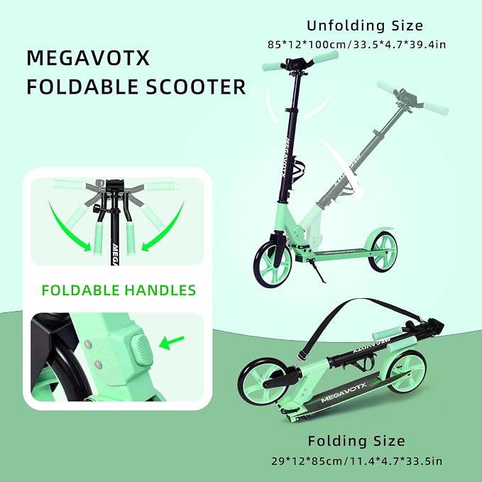 Foldable Kick Scooter for Kids Ages 6-12, Teens & Adults. Non-Electric Scooter with Big Wheels, Adjustable Height, Rear Foot Brake. Lightweight Design for Daily Commute & Outdoor Riding