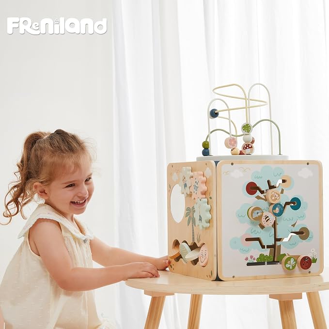FReniland Wooden Montessori Activity Cube for Toddlers 1-3, 7-in-1 Baby Activity Center with Bead Maze, Shape Sorter, Number Gears & Discovery Mirror, Fine Motor Educational Toy for Boys & Girls