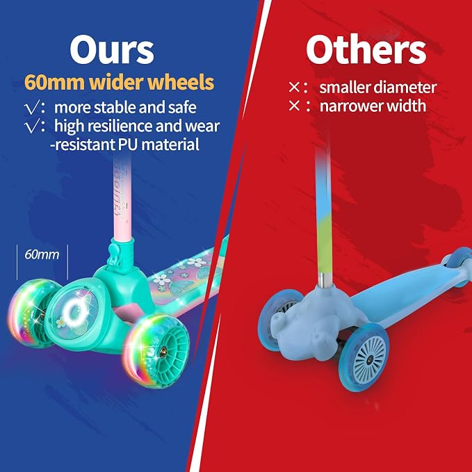 Nattork Kids Scooter for Girls with Light Up Wheels, Deck and Headlight, Wide Anti-Slip Deck and T-bar Handle with Rear Foot Brake, Adjustable Height 3 Wheel Scooter for Kids Ages 3+ and up to 220Lbs
