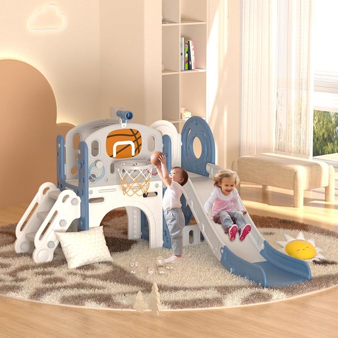 XJD 8 in 1 Toddler Slide Set, Kids Slide for Toddlers Age 1+, Climber Slide PlaySet with Basketball Hoop and Ball,Outdoor Indoor Playground for Toddlers 1-3 (Blue Gley, 8 in 1)