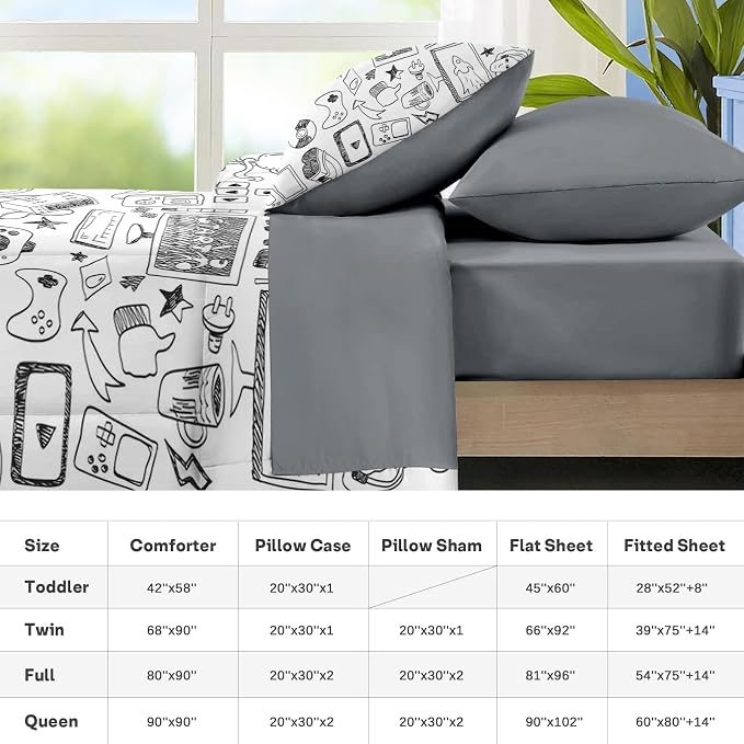Nesker 7 Pcs Comforter Set Queen Size, Computer Games Doodles Bedding for Kids Teen, Gamer Gaming Black with Fitted Sheet 2 Pillowcases & 2 Shams for Bedroom Bed Decor