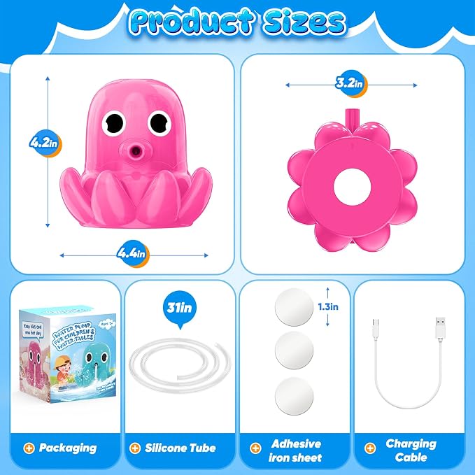 Water Table Pump, Magnetic No-Drill Rechargeable Battery Powered Continuous Flow Water Pump, Fits Water Tables & Step 2, Cordless Pump Toys, Outdoor Water Play Accessories for Kids & Toddlers, Pink