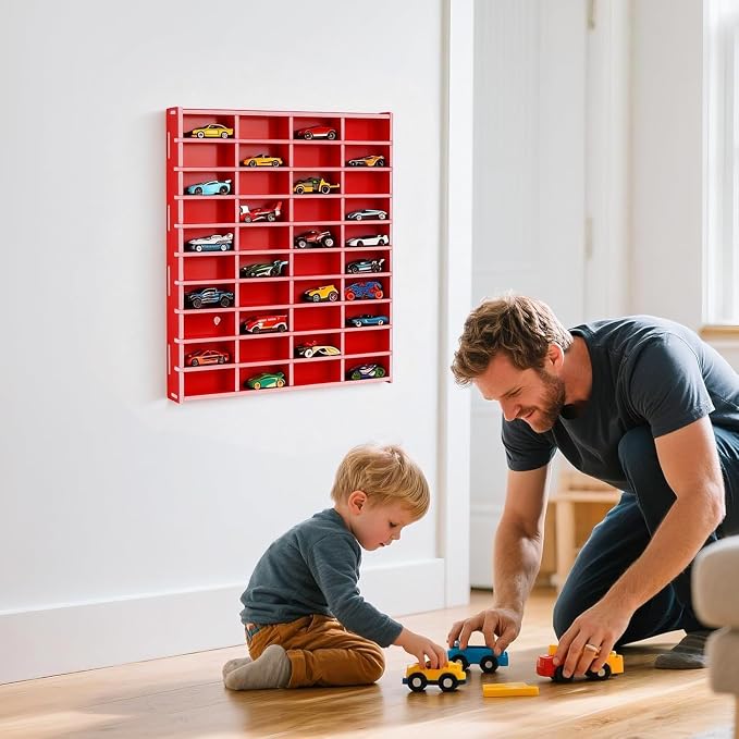 Krafetto Toy Car Display Shelf, Holds 40 Diecast 1/64 Toys Car, Wall Mount Model Cars Storage Organize Case (red 1/64 Toy Car Display Shelf)