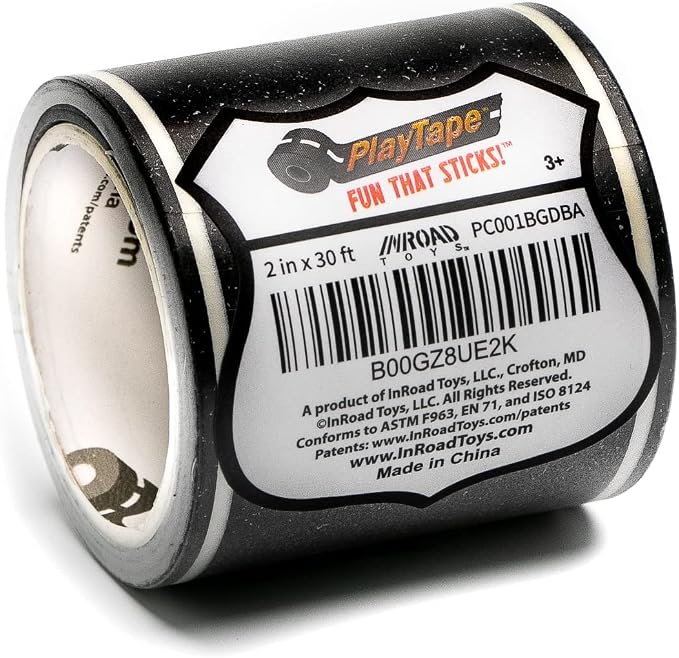 PlayTape Road Tape for Toy Cars - Sticks to Flat Surfaces, No Residue; 2 inch Wide x 30 ft Asphalt Road