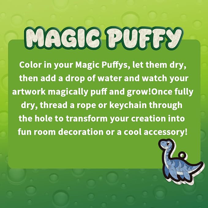 MZYTOZA 3D Art Kit Aqua Magic Puffs Dinosaur - Double-Sided, 15 Mess-Free Paint by Number Craft for Kids, Christmas Gift Idea & Stocking Stuffer, Art Projects with Puff Markers