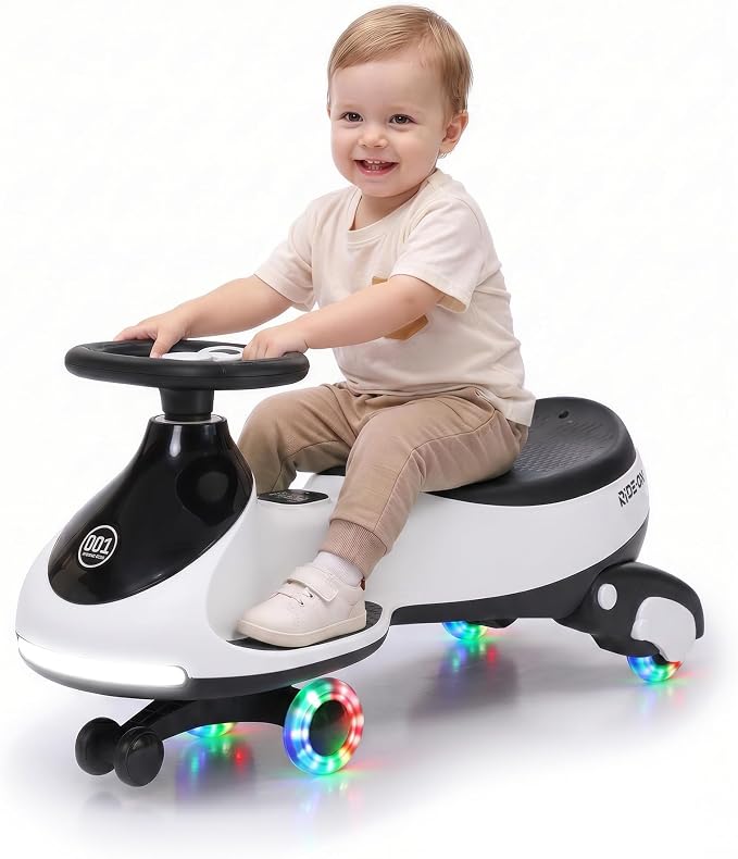 Garvee 12V Electric Wiggle Car for Kids, 2 in 1 Swing Car with Pedal, Anti-Rollover, Max Load 130Lbs,Flashing Wheels, Music,Rechargeable Battery Ride on Toy Indoor Outdoor for Toddlers, White