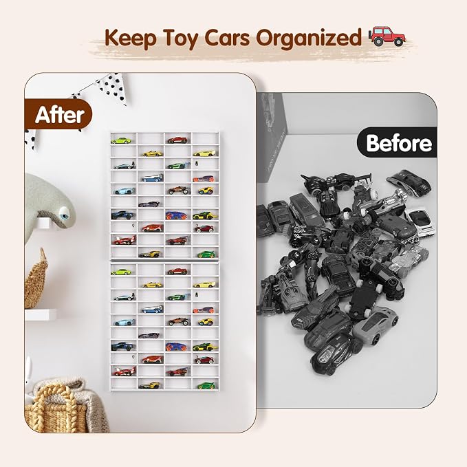Krafetto 2 Pack Toy Car Display Shelf, Holds 80 Diecast 1/64 Toy Cars, Wall Mount Model Car Storage Organize Case, White