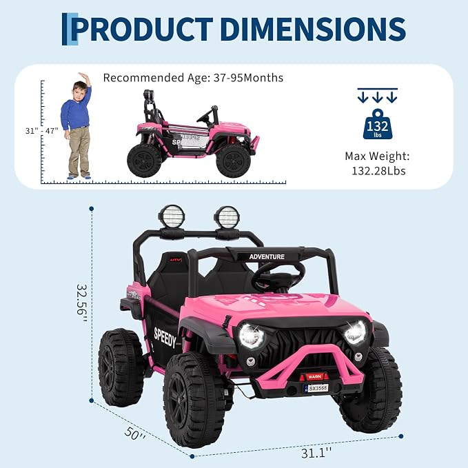 2 Seater Ride on Car for Kids, 24V Ride on Toy, Fast 4.97MPH Truck, 4WD Kids Electric Vehicles with Remote Control, Spring Suspension, Front & Behind LED Lights, Dual Storage, 3 Speeds, Music, Pink