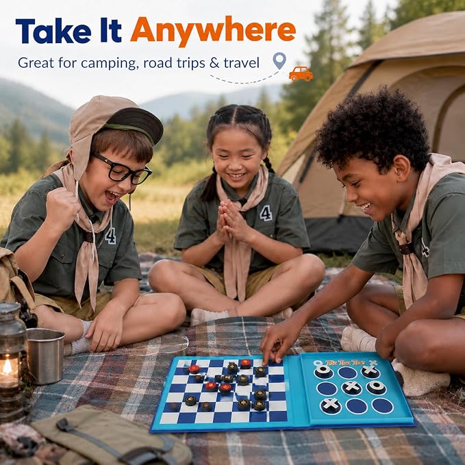 2-in-1 Travel Checkers and Tic Tac Toe Game for Kids Ages 8-12, Magnetic Checkers Board Game, Foldable Road Trip and Plane Activities