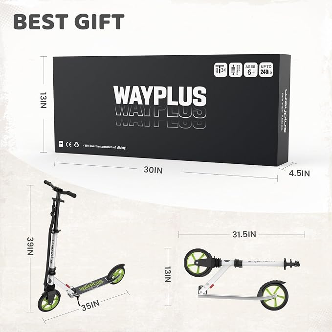 WAYPLUS KS1 Kick Scooter for Ages 6+,Kid, Teens & Adults. Max Load 240 LBS. Foldable, Lightweight, 8IN Big Wheels for Kids, Teen and Adults, 4 Adjustable Levels. Bearing ABEC9 FED Fitness