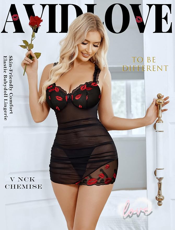 Avidlove Lingerie for Women Mesh Babydoll Lingeries Lace Chemise Floral Sleepwear Dress Sheer Exotic Boudoir Outfit S-XXL