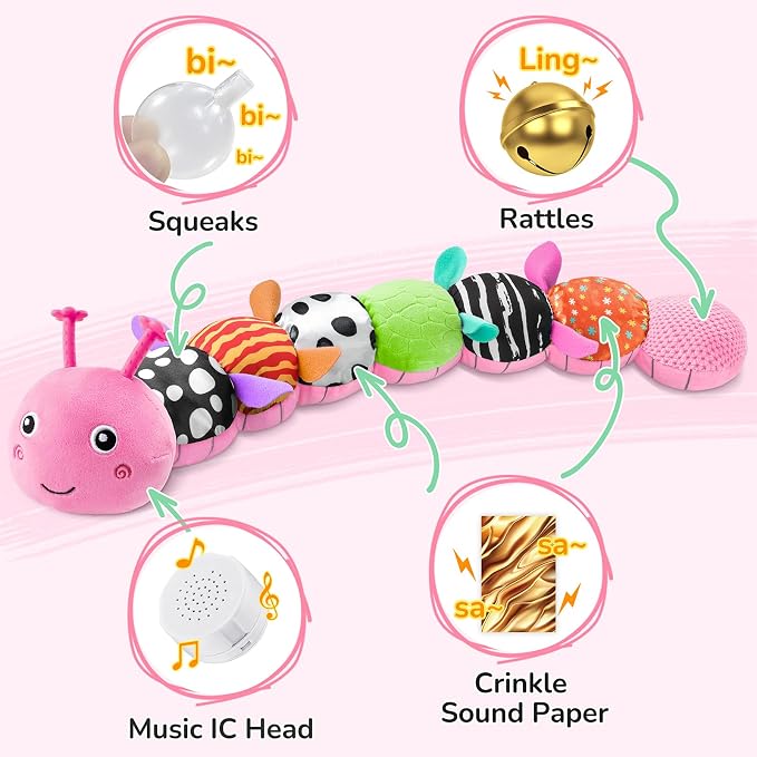 AWOTOY Baby Toys 6-12 Months Music Caterpillar,Stuffed Animals Infant Toys 0-3-6 Months,Baby Sensory Toys Tummy Time with Crinkle Rattle Teething Toys Boy Girl Gifts Birthday Shower Gifts