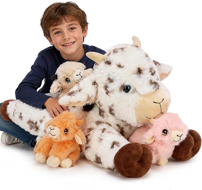 Tezituor Large Lamb Stuffed Animal Toys Sets, 22 Inch Mommy Spot Lamb Plush with 3 Cute Babies in Zippered Tummy,Soft Cuddly 4Pcs Sheep Stuffy,Farm Goat Plushie Gifts for Christmas Birthday Easter