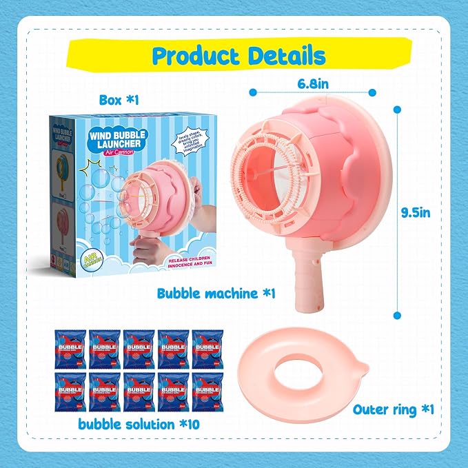 Dolanus Air Cannon Bubble Machine Gun Wand Toy, Giant Bubbles Maker Blaster Blower, Toys for Age 3 4 5 6 8 Year Old Kids Toddlers, Outdoor Fun Activities Games Summer Toys, Birthday Gift (Pink)