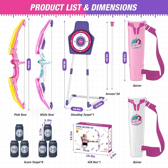 HYES 2 Pack Bow and Arrow for Kids 4-6, LED Light Up Archery Set with 24 Suction Cup Arrows, 1 Standing Target, 6 Score Targets & 2 Quiver, Indoor Outdoor Sport for Girls Ages 8-12
