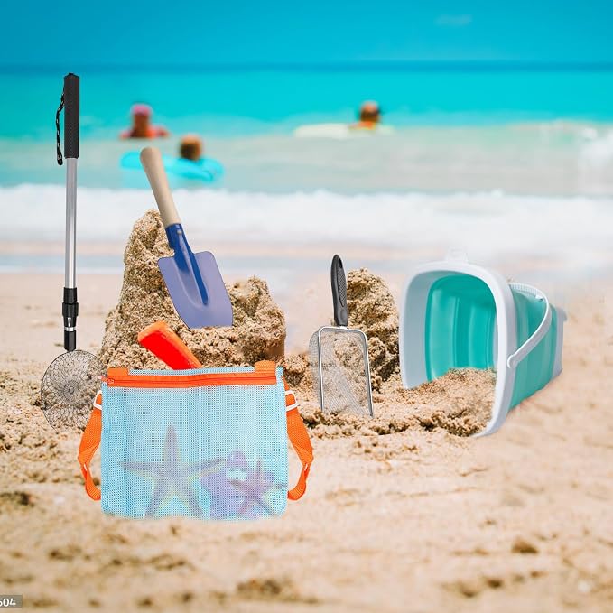 10 Pack Beach Toys Set Adjustable Extra Long Sand Sifter Mesh Shovel Mesh Beach Bag for Kids Foldable Beach Bucket Beach Shovel Sand Toys for Shells Collecting Shark Tooth Beach Toys