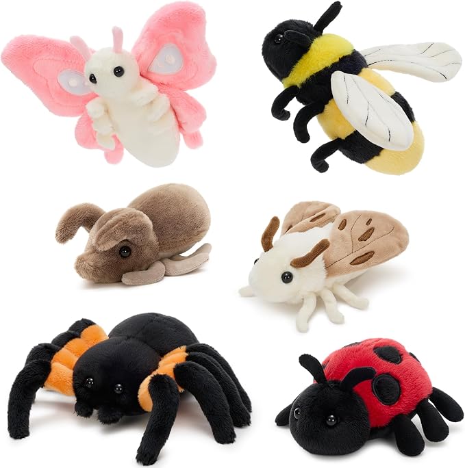 MorisMos 6 Pcs Insect Plush Toys Set, 6 Inch Cute Bug Stuffed Animals Butterfly Bee Moth Spider Ladybug Beetle Plushies, Bulk Insect Plush Collections for Kids, Birthday Classroom Prizes Christmas