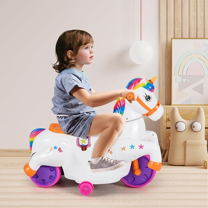 Costzon Ride on Car, 12V Ride on Toys for Toddlers Pony with Training Wheels, up & Down Mode, Music & LED Power Display, Motorized Play Horse, Kids Car Motorcycle for Boys Girls (Rainbow)