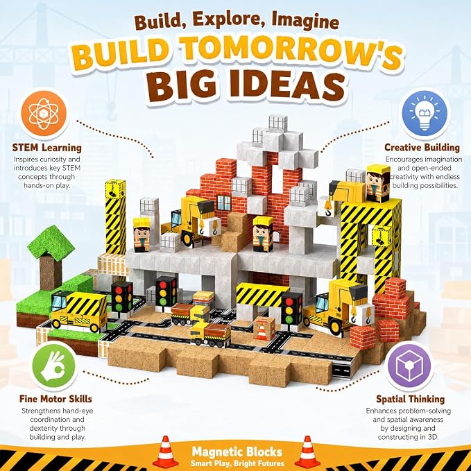 Magnetic Blocks 100PCS Construction Site Set - Build Mine Crane & Truck Magnetic Cubes, STEM Montessori Sensory Toys for Kids 3+, Educational Magnetic Tiles Gifts for Girls & Boys
