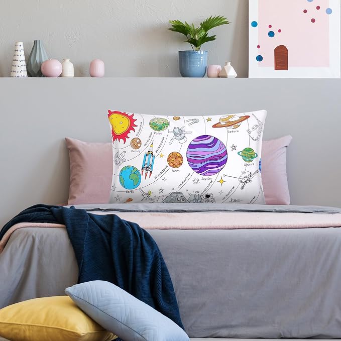 Mindsoft Coloring Craft Coloring Pillowcase Space Pillowcase with 12 Pcs Markers Pens for Decoration Supplies Craft, 28.7 x 19.7 Inch